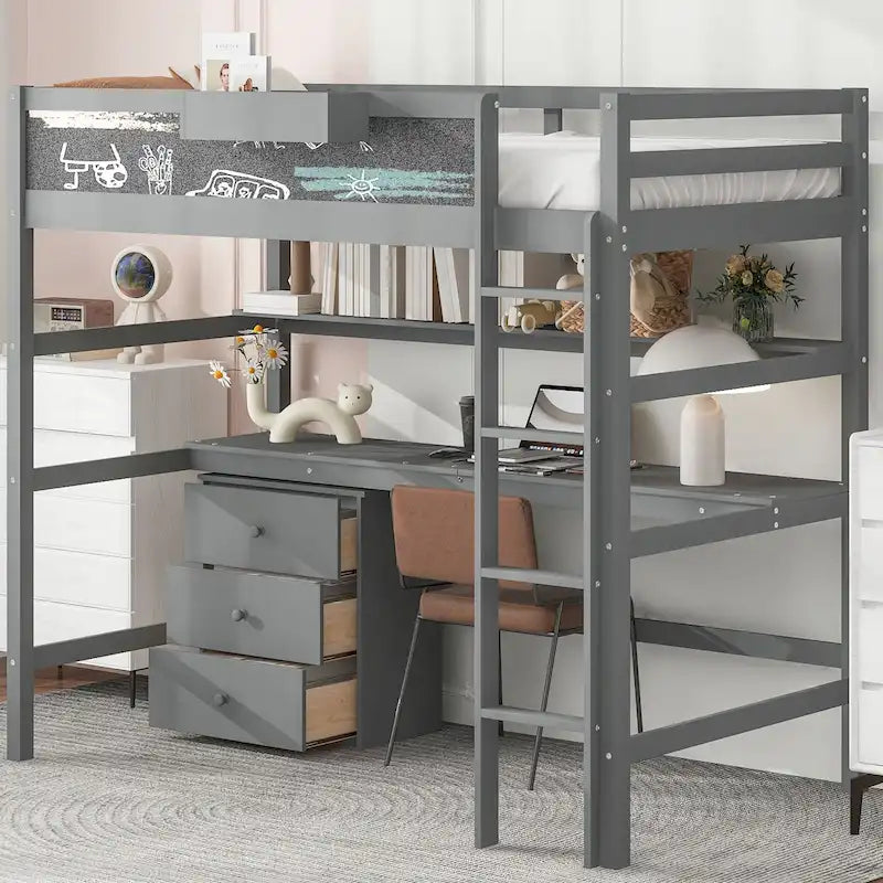 Gray Twin Size Solid Wood Loft Bed with Desk, Blackboard, and Storage