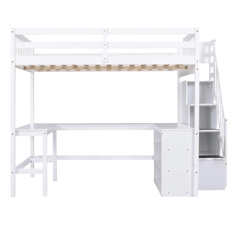 White Full Size Pine Wood Loft Bed with Built-in L-Shaped Desk and Three-Tier Storage Shelves, and Attached Storage Staircase