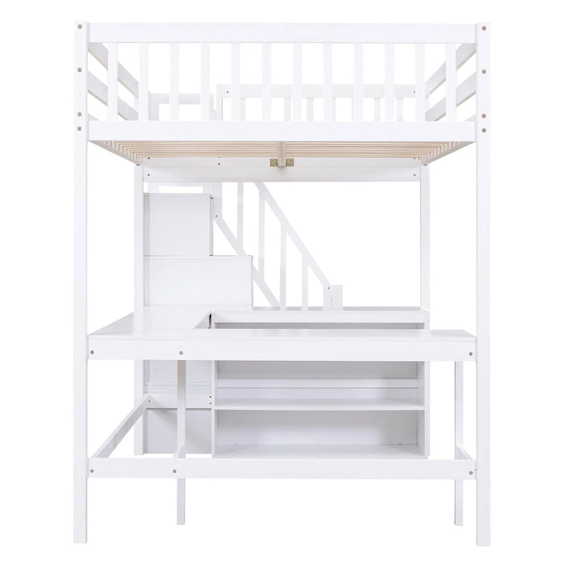 White Full Size Pine Wood Loft Bed with Built-in L-Shaped Desk and Three-Tier Storage Shelves, and Attached Storage Staircase