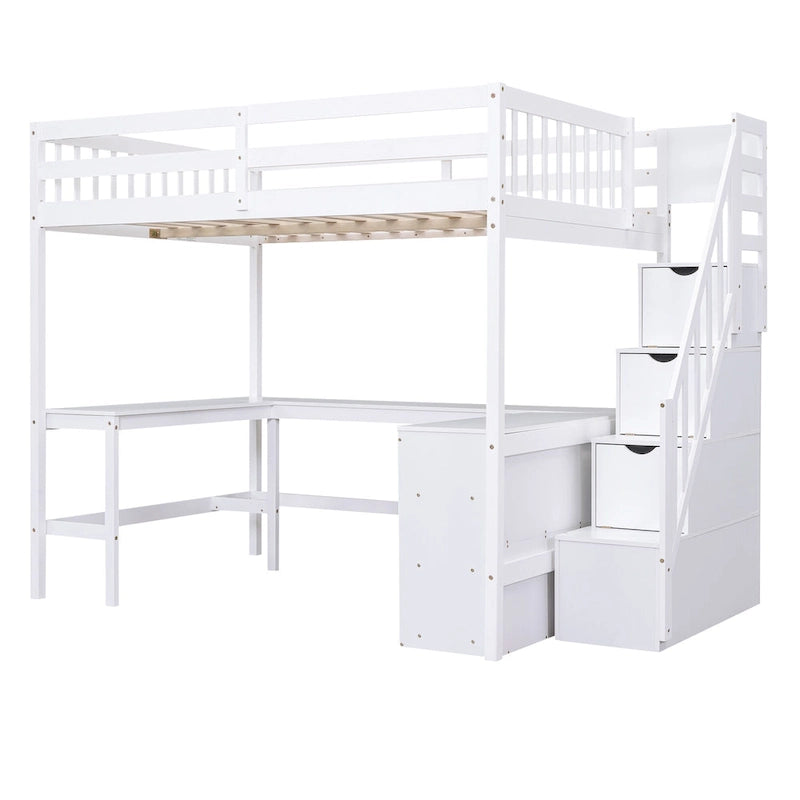 White Full Size Pine Wood Loft Bed with Built-in L-Shaped Desk and Three-Tier Storage Shelves, and Attached Storage Staircase