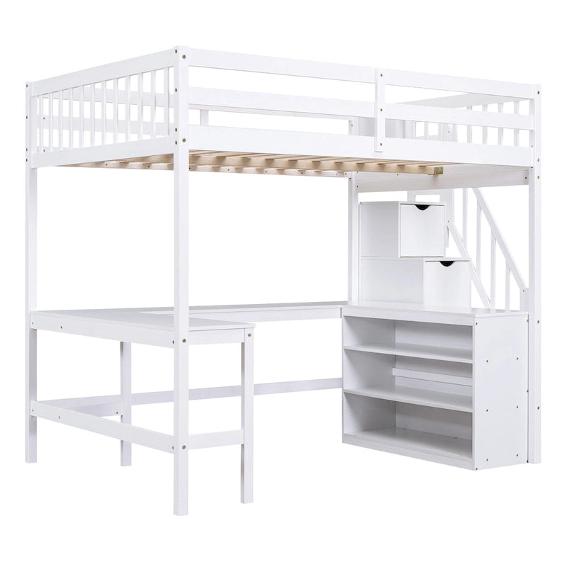 White Full Size Pine Wood Loft Bed with Built-in L-Shaped Desk and Three-Tier Storage Shelves, and Attached Storage Staircase