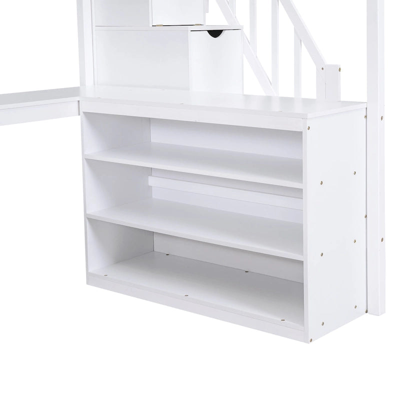 White Full Size Pine Wood Loft Bed with Built-in L-Shaped Desk and Three-Tier Storage Shelves, and Attached Storage Staircase