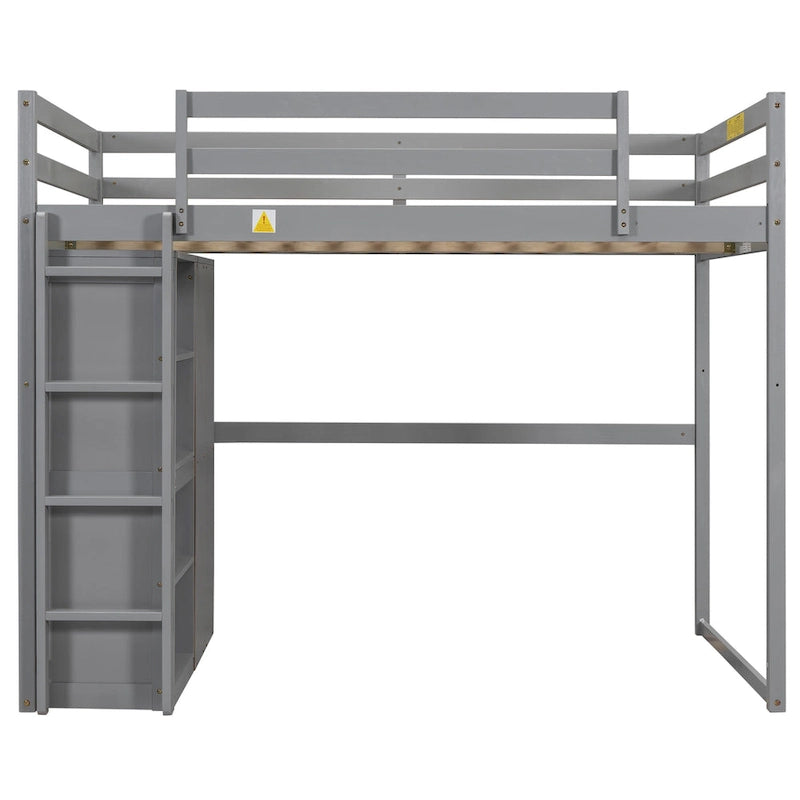 Gray Full Size Wood Loft Bed with Built-in Wardrobe and Shelves, LED Light