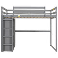 Gray Full Size Wood Loft Bed with Built-in Wardrobe and Shelves, LED Light