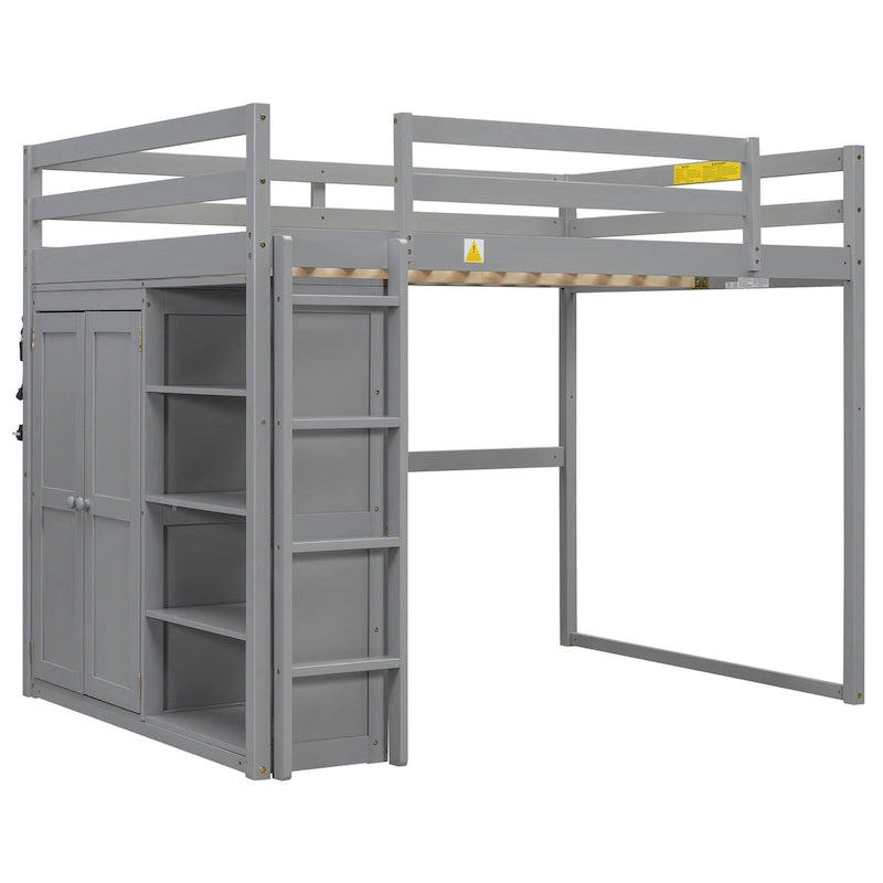 Gray Full Size Wood Loft Bed with Built-in Wardrobe and Shelves, LED Light