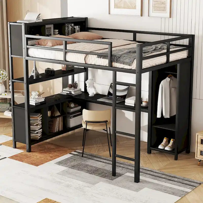 Black Full Size Metal Loft Bed with Wardrobe, L-shaped Desk, and Storage Cubes