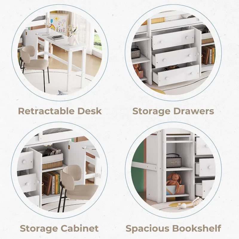 White Twin Size Wood Low Loft Bed with Pull-Out Desk