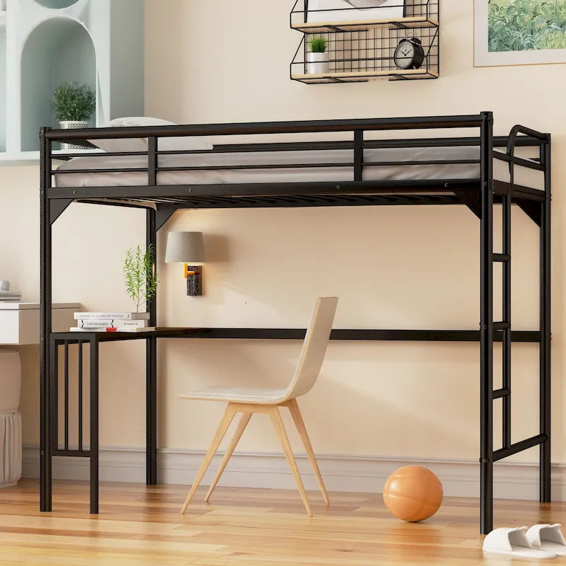 Black Twin Size Metal loft Bed with Desk, Ladder and Guardrails, Bookdesk under Bed for Bedroom