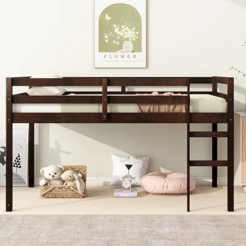 Espresso Twin Size Rubber Wooden Loft Bed with Ladder