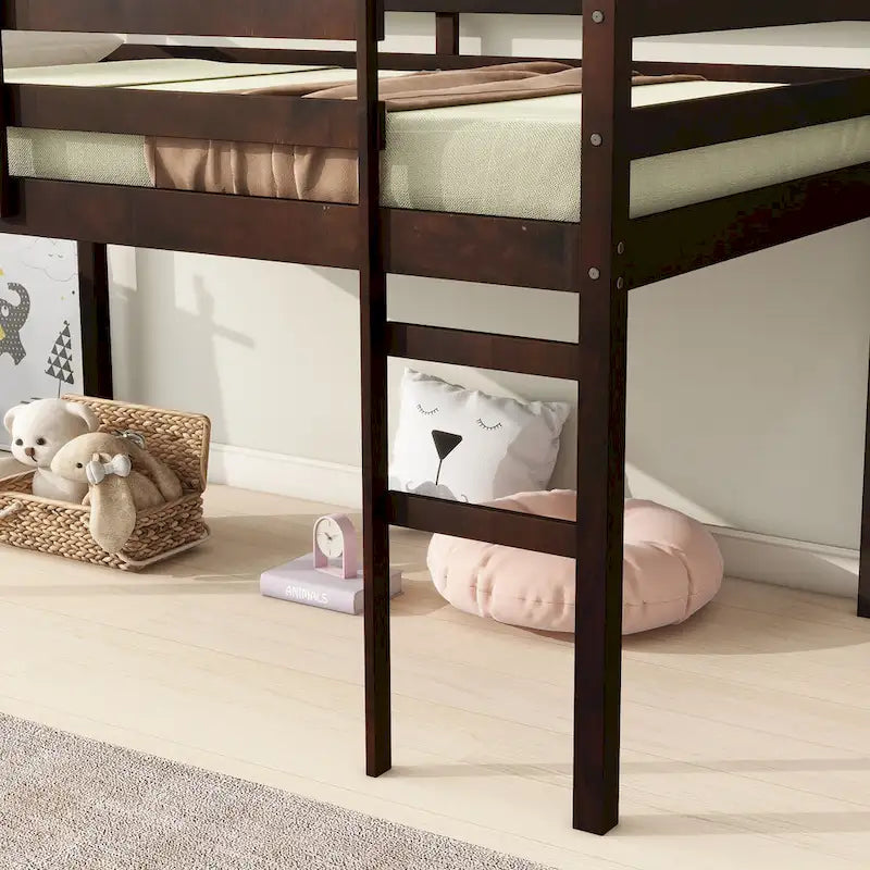 Espresso Twin Size Rubber Wooden Loft Bed with Ladder