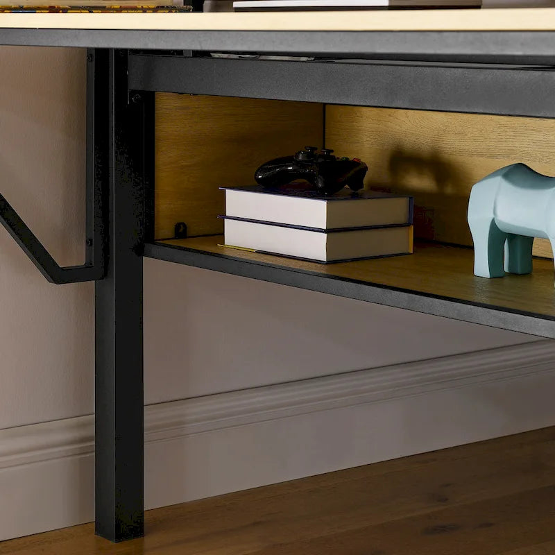 Black+Natural Full Size Metal Loft Bed with Rectangular Desk and Storage