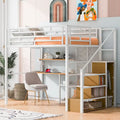 White Full Size Metal Loft Bed with Wardrobe, Desk and Storage Shelves for Bedroom