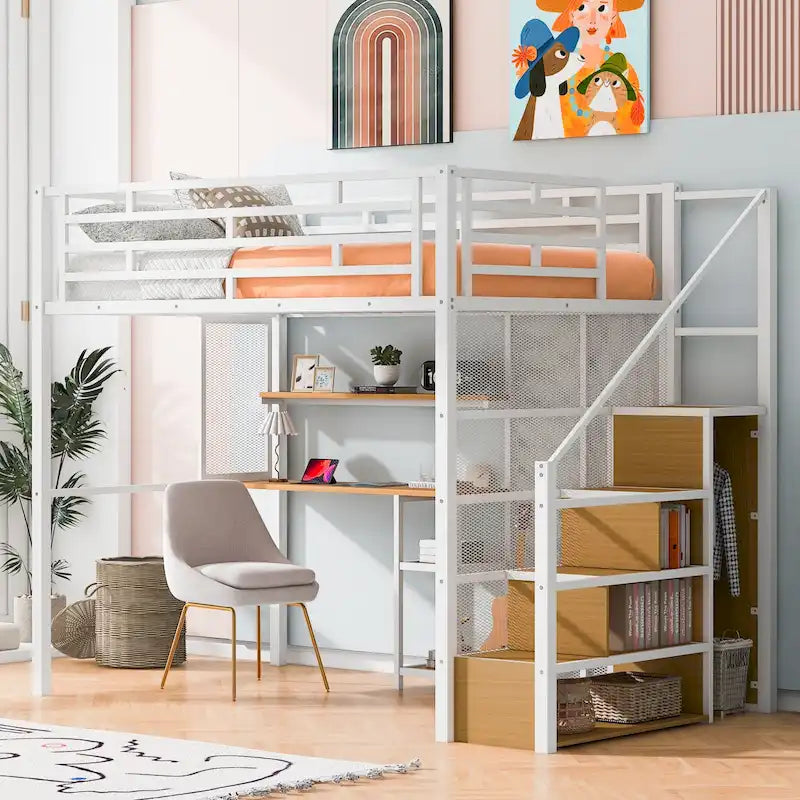 White Full Size Metal Loft Bed with Wardrobe, Desk and Storage Shelves for Bedroom