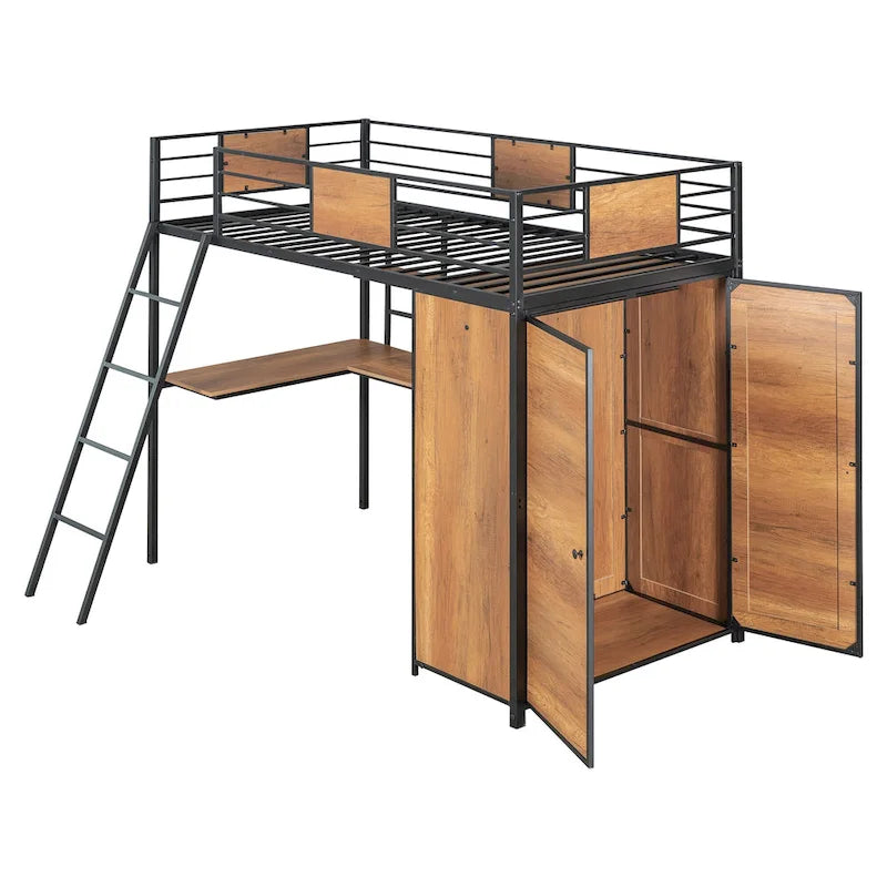 Black Twin Size Metal Wood Loft bed with L-shape Desk, Wardrobe, Fence and Ladder