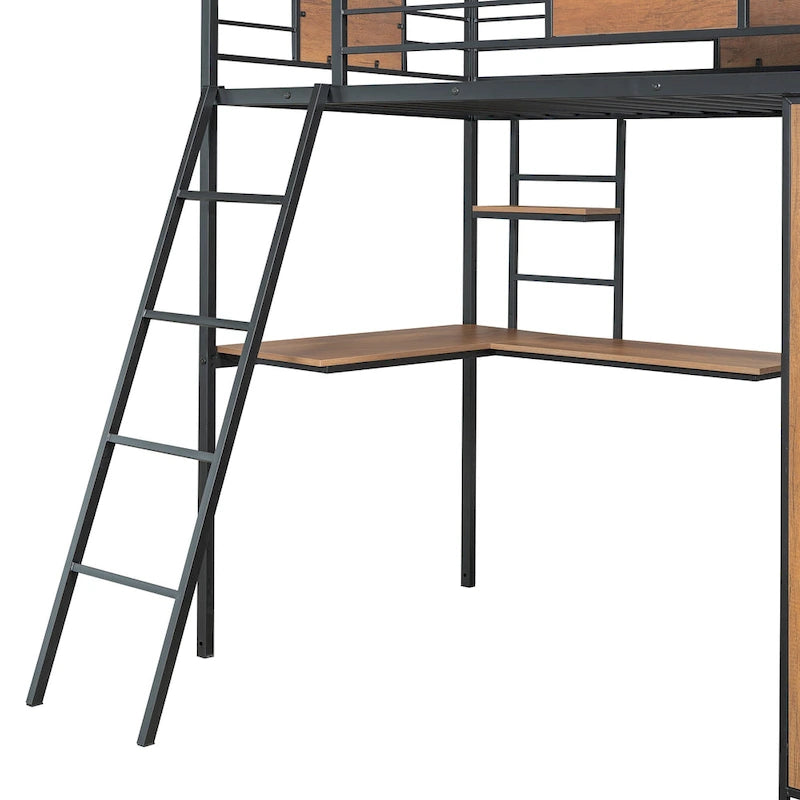 Black Twin Size Metal Wood Loft bed with L-shape Desk, Wardrobe, Fence and Ladder