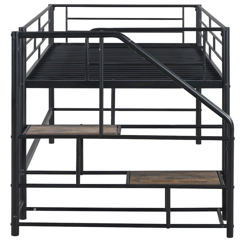 Black Twin Size MDF Metal Mid Loft Bed with Storage stairs and Fence for Kids, Boys and Girls, Bedroom