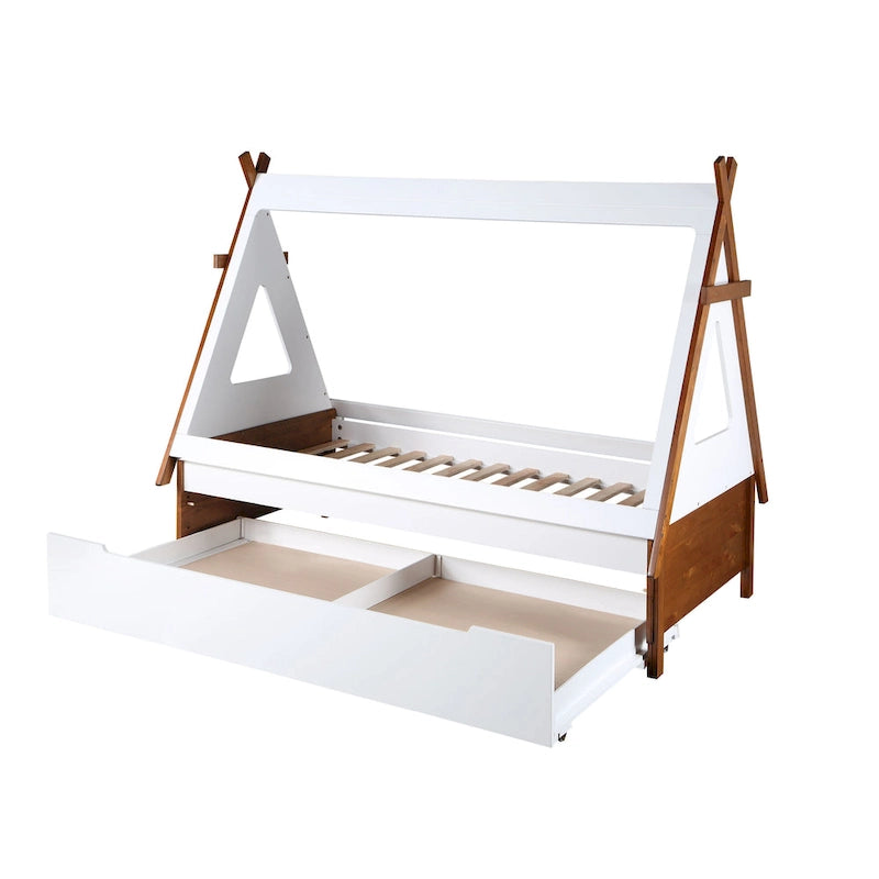 Synthetic Wood Twin Size Tent Bed with Trundle, Storage Minimalist Design, Space-Saving, for Kids' Room