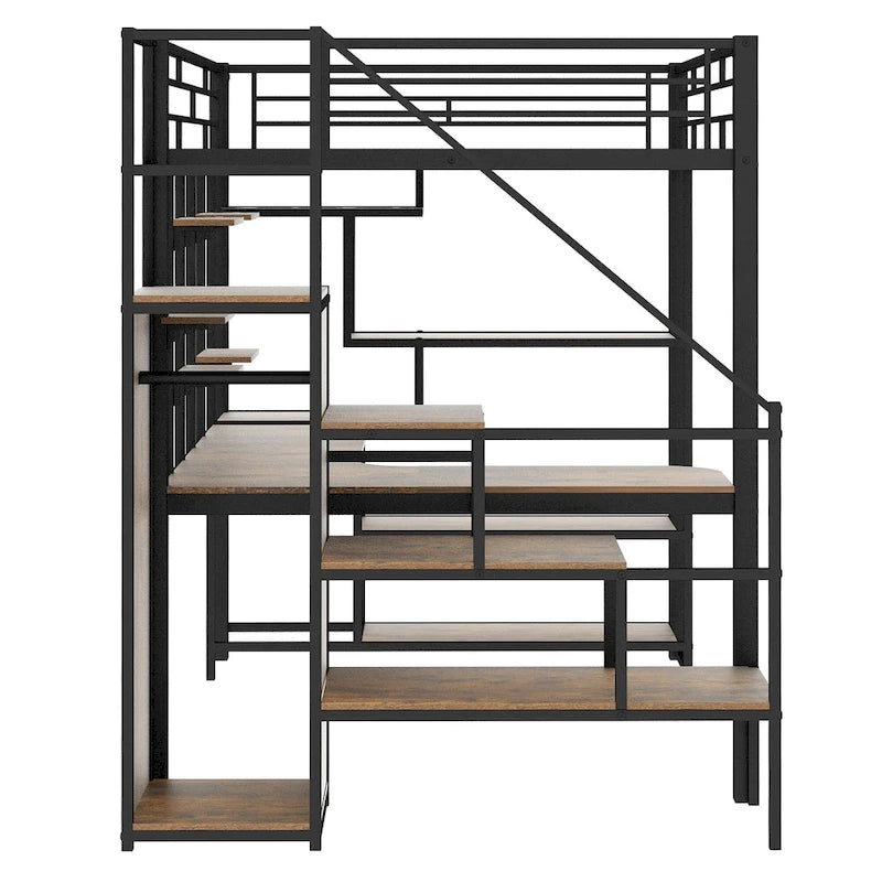 Black Full Size Metal Loft Bed with Storage Staircase and Small Wardrobe