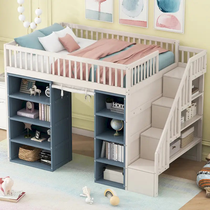 White Full Size Solid Wood Loft Bed with 2 Storage Cabinets and Curtain