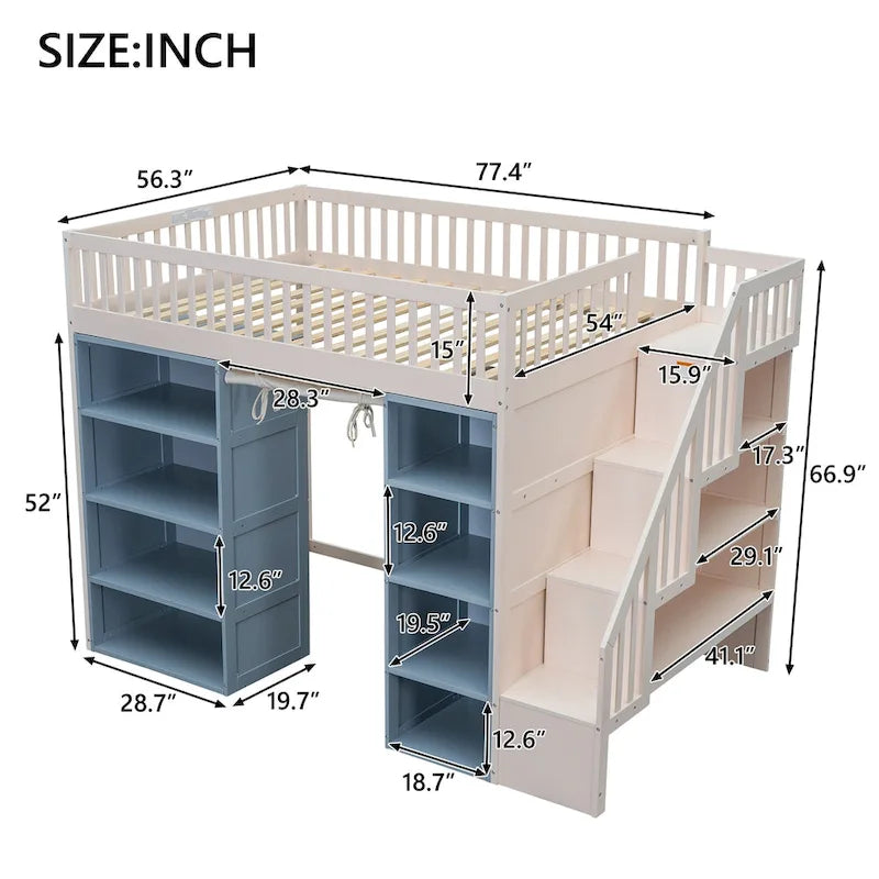 White Full Size Solid Wood Loft Bed with 2 Storage Cabinets and Curtain