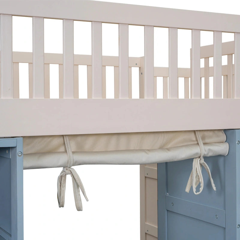 White Full Size Solid Wood Loft Bed with 2 Storage Cabinets and Curtain