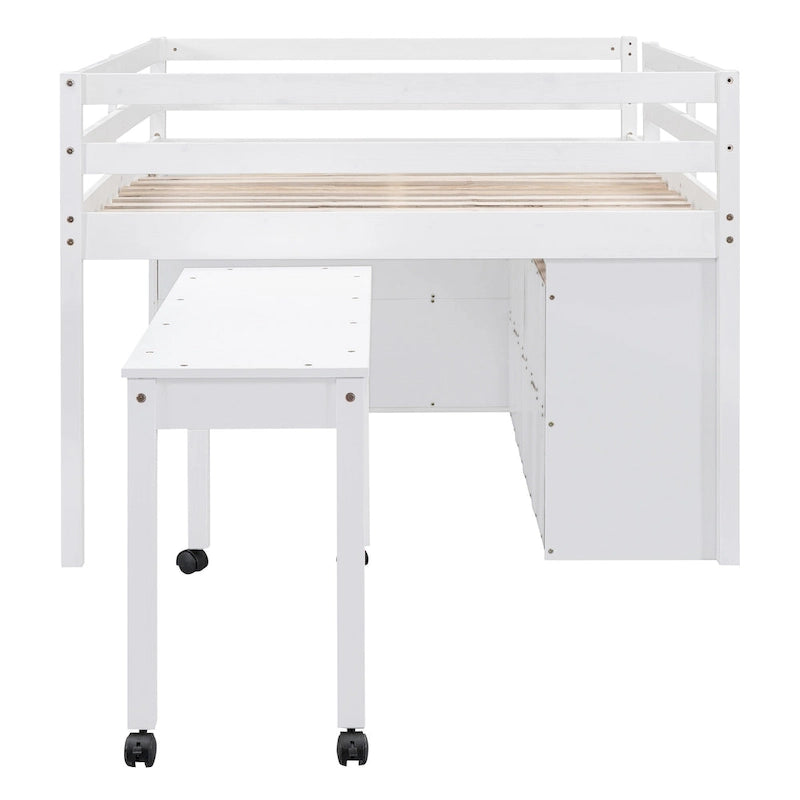 White Full Size Solid Wood Loft Bed with Retractable Desk and Drawers