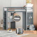 Gray Twin Size Solid Wood Loft Bed with Shelves, Writing Desk, and LED Light