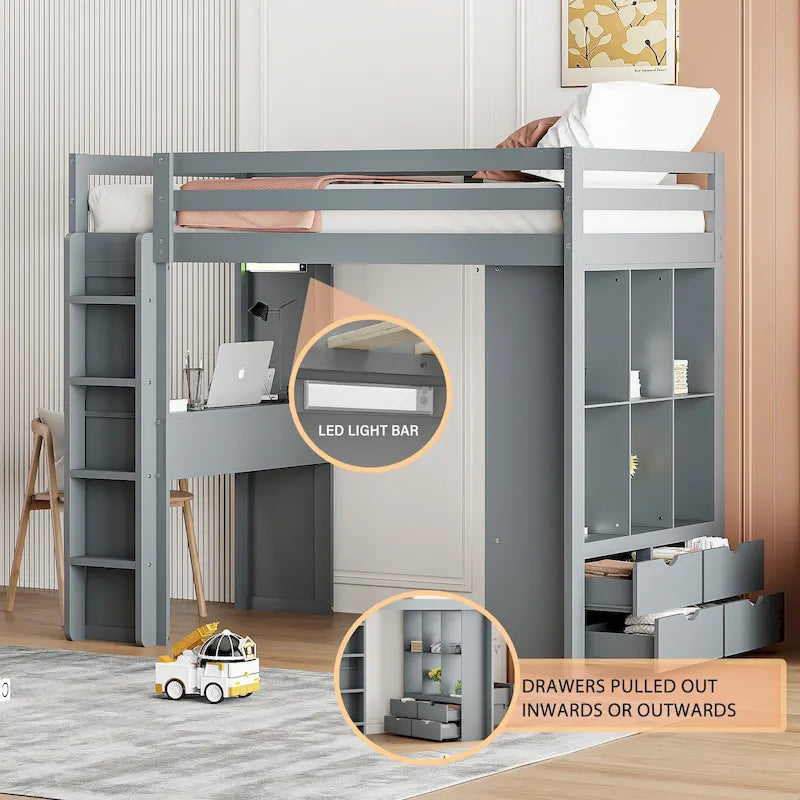 Gray Twin Size Solid Wood Loft Bed with Shelves, Writing Desk, and LED Light