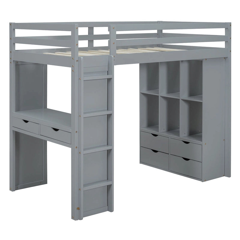 Gray Twin Size Solid Wood Loft Bed with Shelves, Writing Desk, and LED Light