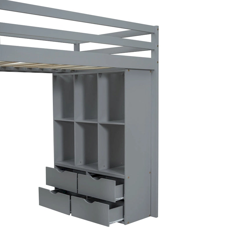 Gray Twin Size Solid Wood Loft Bed with Shelves, Writing Desk, and LED Light