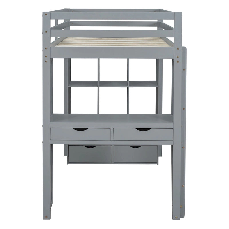 Gray Twin Size Solid Wood Loft Bed with Shelves, Writing Desk, and LED Light