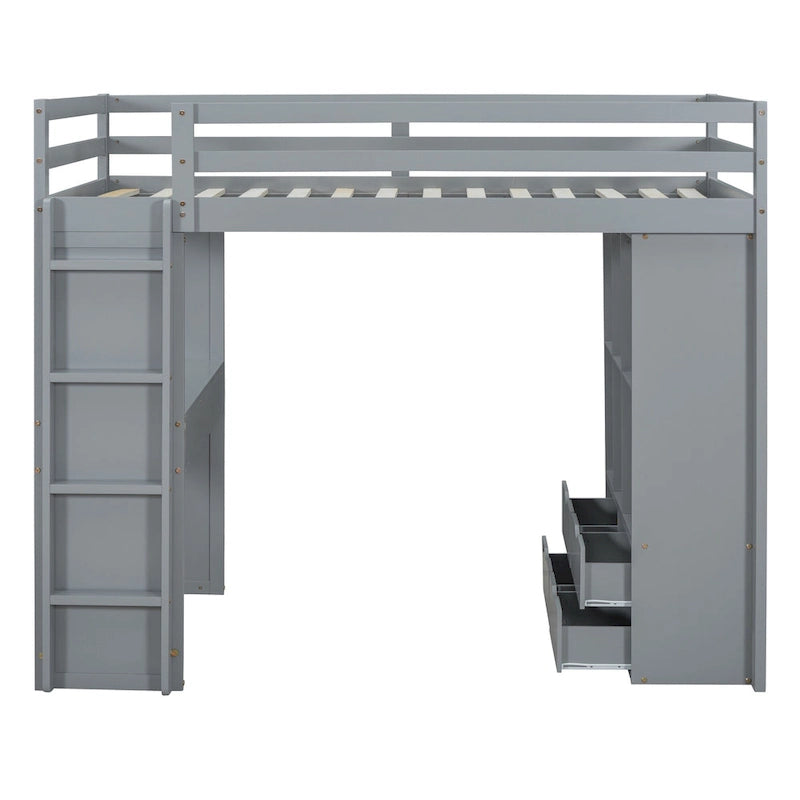 Gray Twin Size Solid Wood Loft Bed with Shelves, Writing Desk, and LED Light