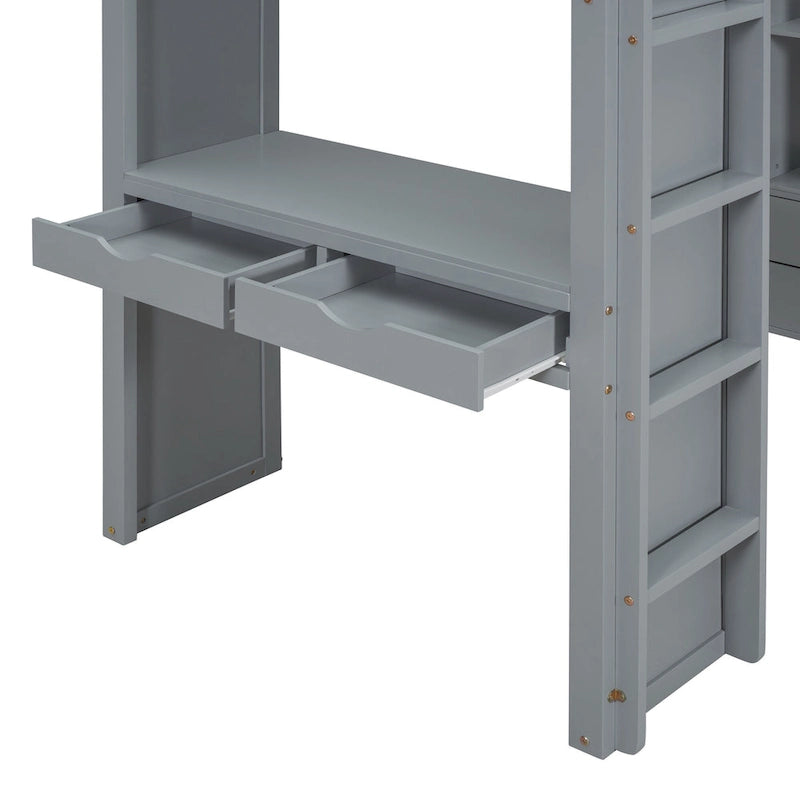 Gray Twin Size Solid Wood Loft Bed with Shelves, Writing Desk, and LED Light