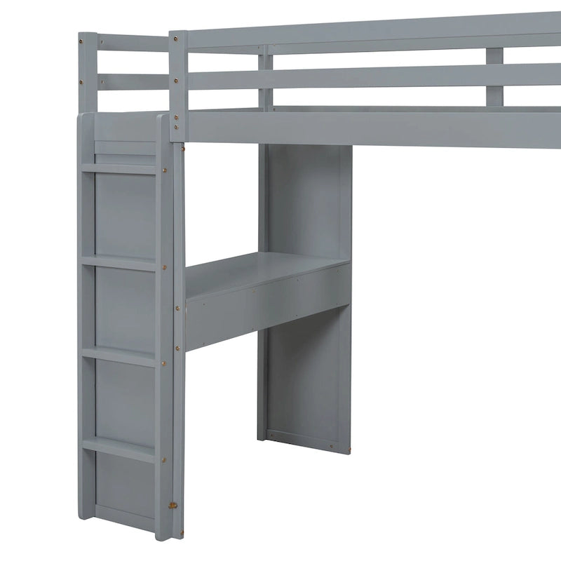 Gray Twin Size Solid Wood Loft Bed with Shelves, Writing Desk, and LED Light