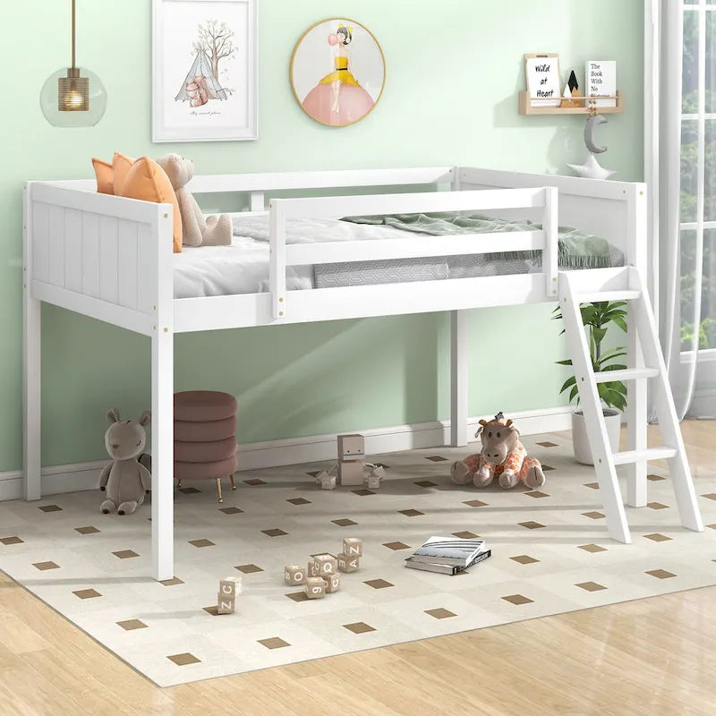 White Twin Size Low Solid Wood Loft Bed with Ladder and Safety Fence for Children