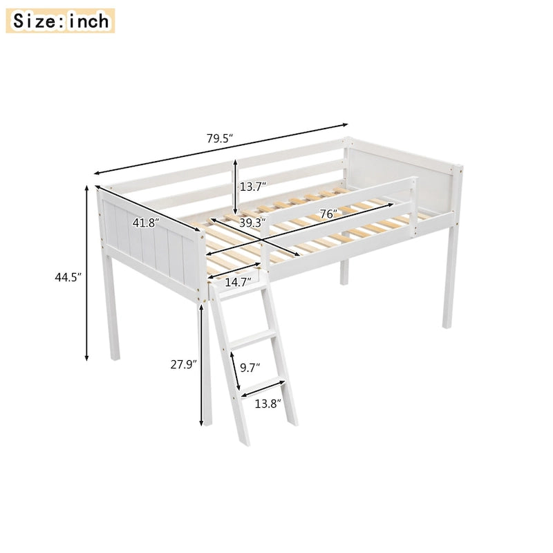 White Twin Size Low Solid Wood Loft Bed with Ladder and Safety Fence for Children
