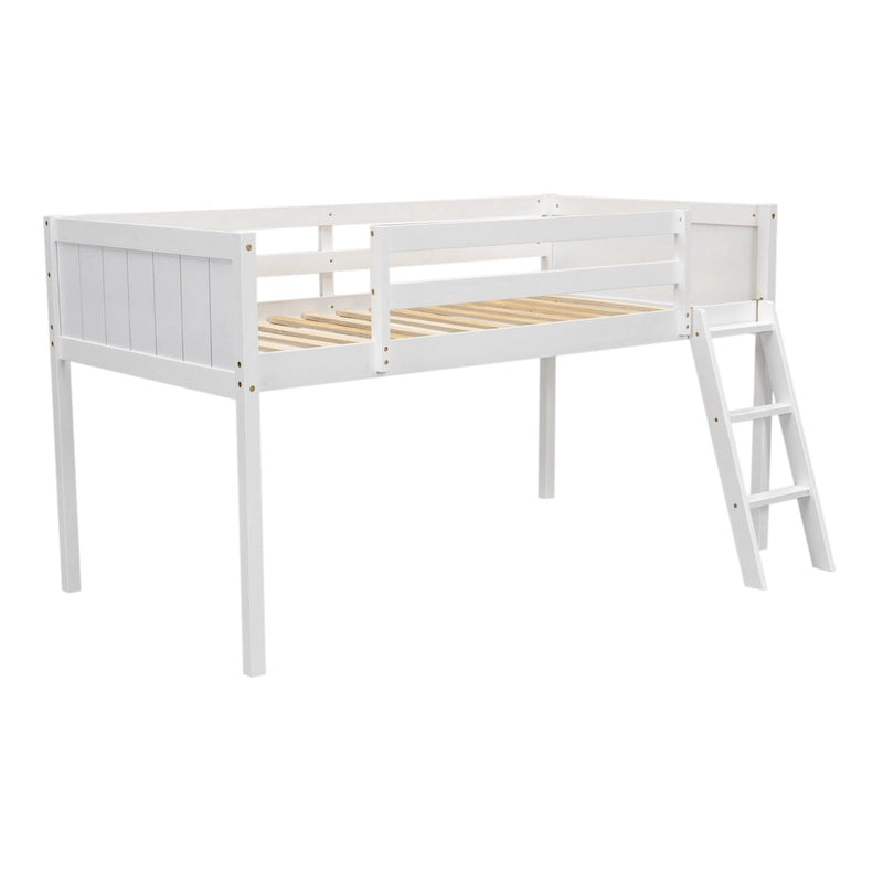 White Twin Size Low Solid Wood Loft Bed with Ladder and Safety Fence for Children