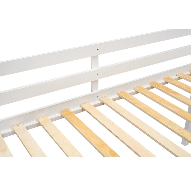 White Twin Size Low Solid Wood Loft Bed with Ladder and Safety Fence for Children