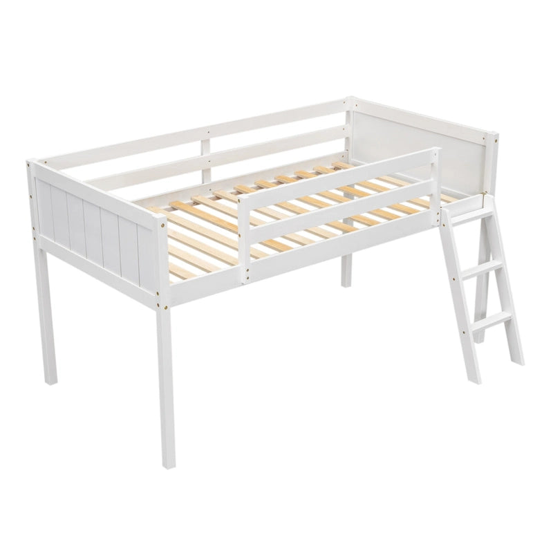 White Twin Size Low Solid Wood Loft Bed with Ladder and Safety Fence for Children
