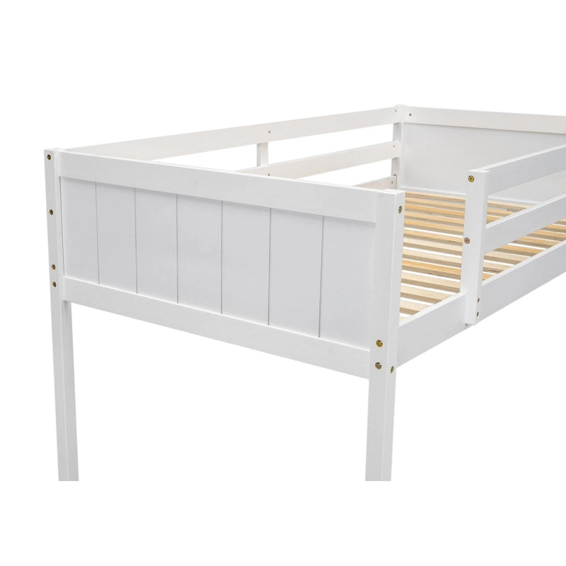 White Twin Size Low Solid Wood Loft Bed with Ladder and Safety Fence for Children