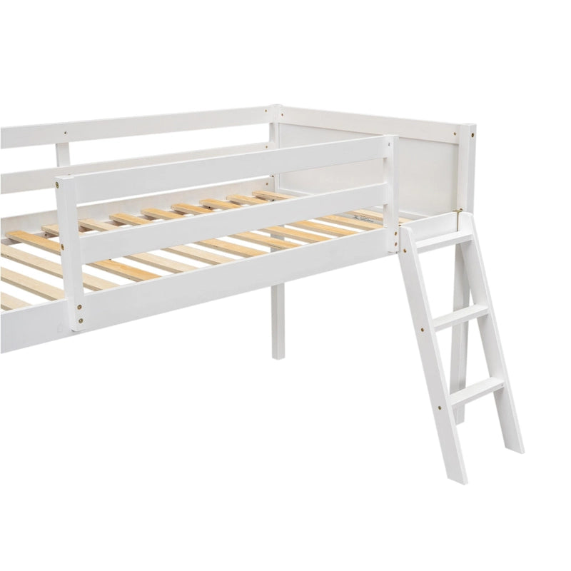 White Twin Size Low Solid Wood Loft Bed with Ladder and Safety Fence for Children