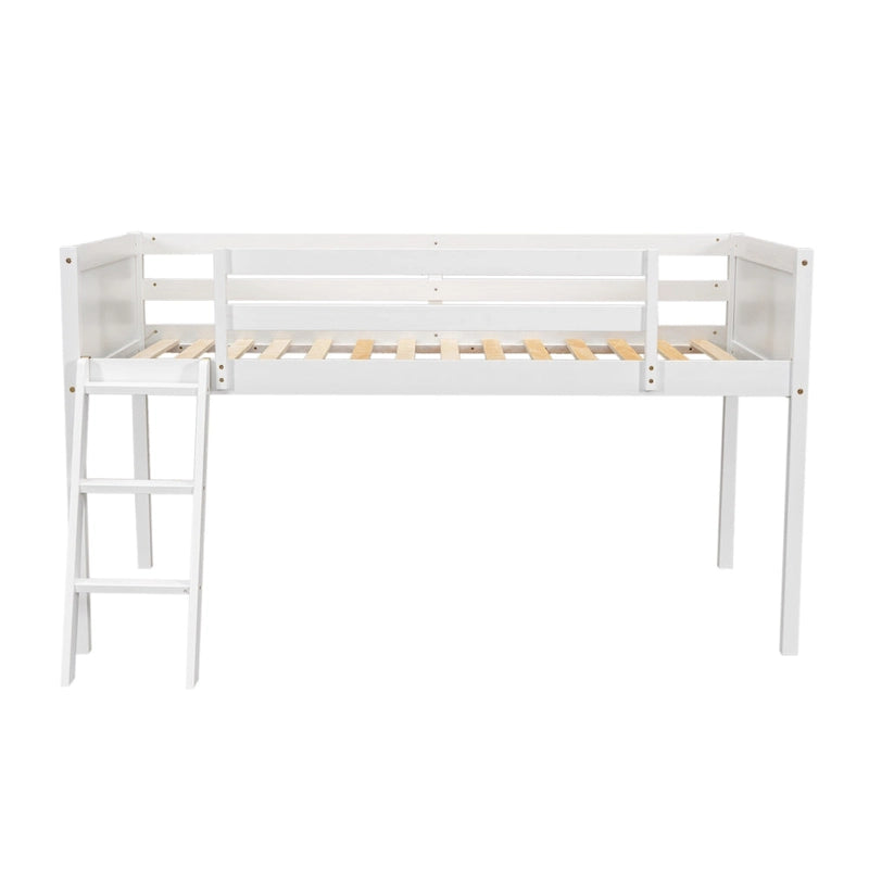White Twin Size Low Solid Wood Loft Bed with Ladder and Safety Fence for Children