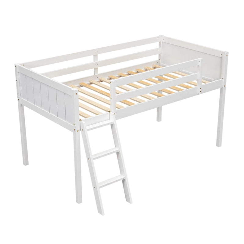 White Twin Size Low Solid Wood Loft Bed with Ladder and Safety Fence for Children