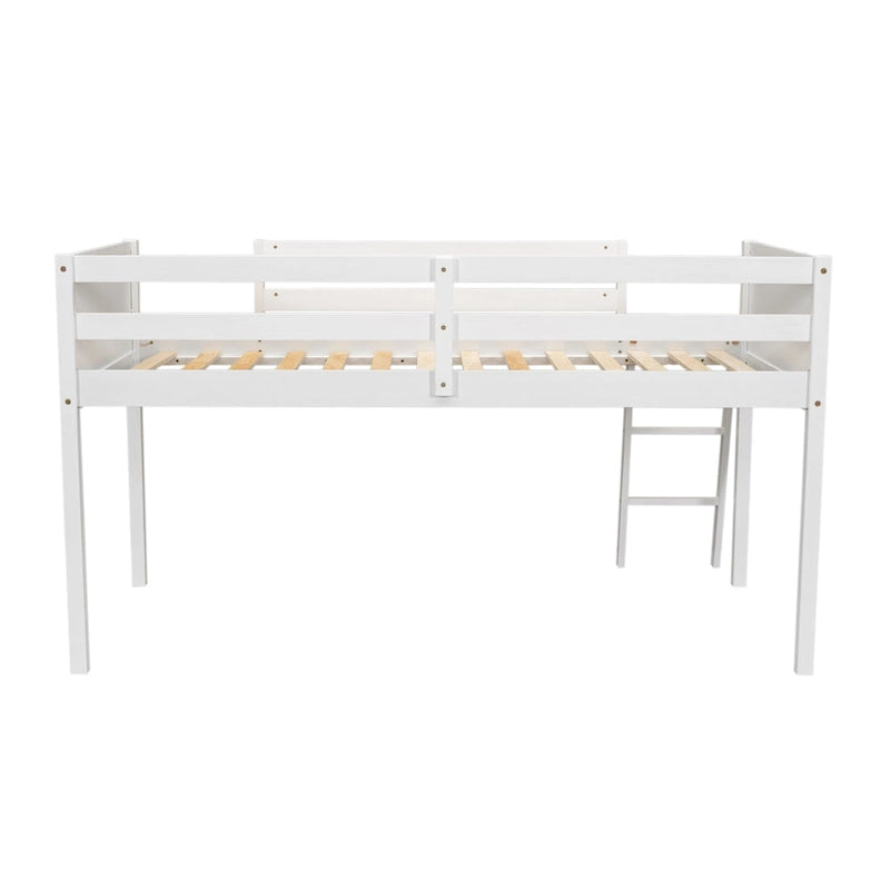 White Twin Size Low Solid Wood Loft Bed with Ladder and Safety Fence for Children