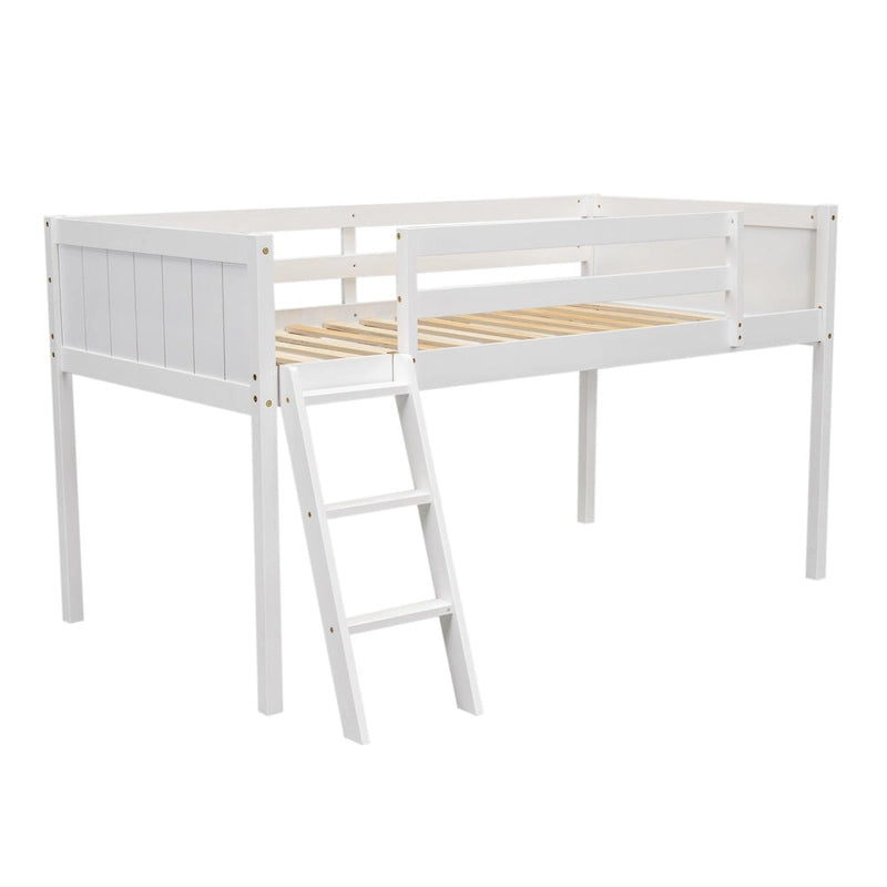 White Twin Size Low Solid Wood Loft Bed with Ladder and Safety Fence for Children