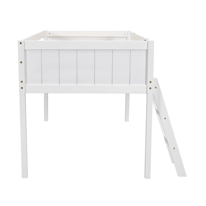 White Twin Size Low Solid Wood Loft Bed with Ladder and Safety Fence for Children