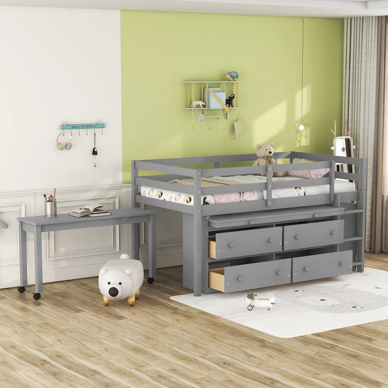 Gray Twin Size Solid Wood Loft Bed with Retractable Desk & Drawers