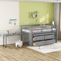 Gray Twin Size Solid Wood Loft Bed with Retractable Desk & Drawers
