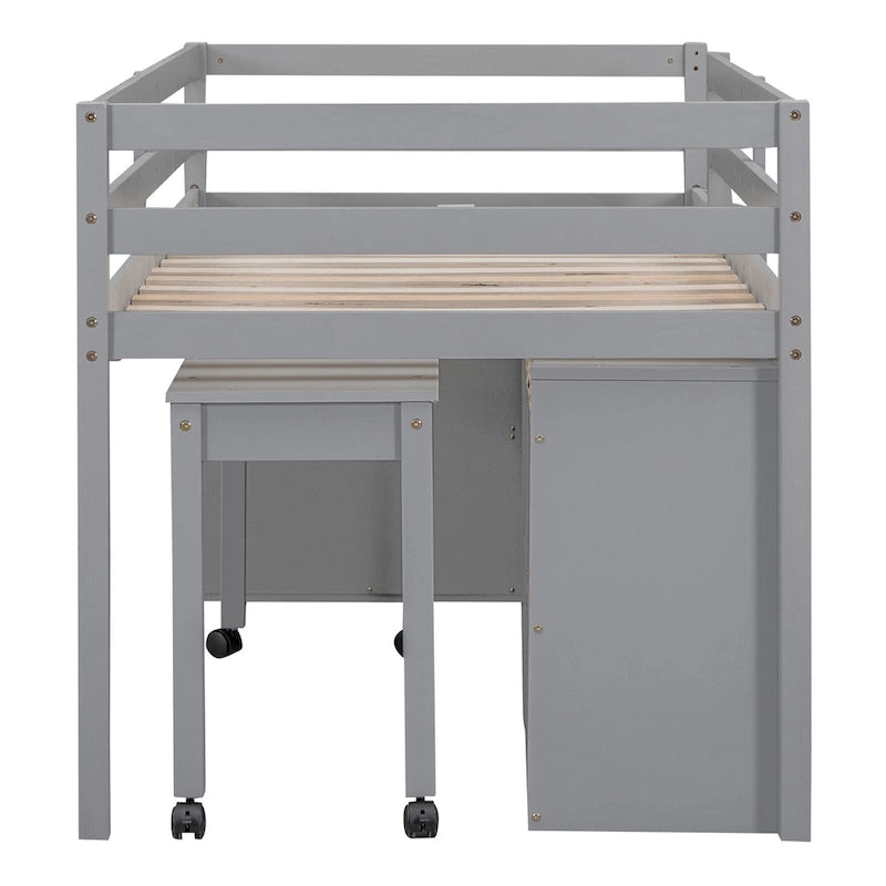 Gray Twin Size Solid Wood Loft Bed with Retractable Desk & Drawers