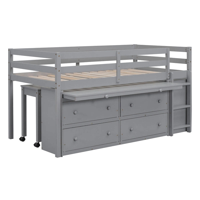 Gray Twin Size Solid Wood Loft Bed with Retractable Desk & Drawers